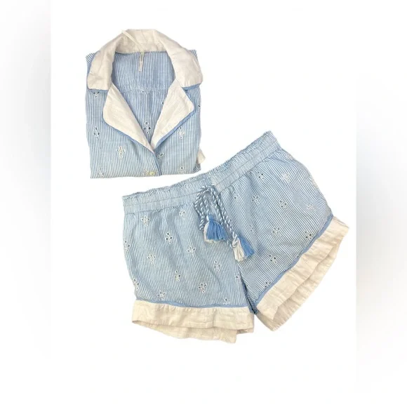 By ANTHROPOLOGIE Bijou 2 Pc Striped Eyelet Pajama Short Set - M - Picture 9 of 10